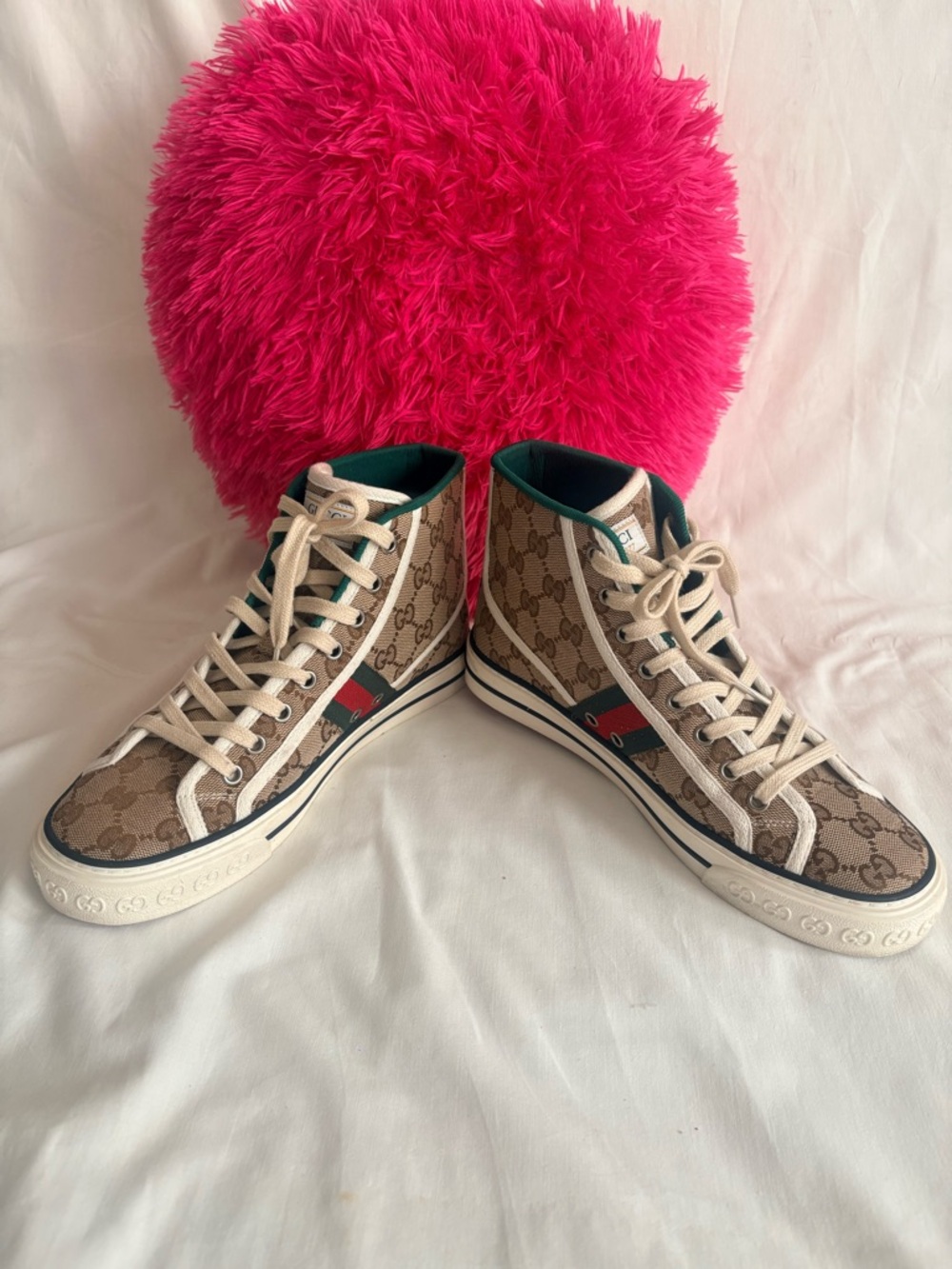 Gucci Women Beige GG Canvas High-Top Sneakers with Green and Red Trim - Picture 10 of 10